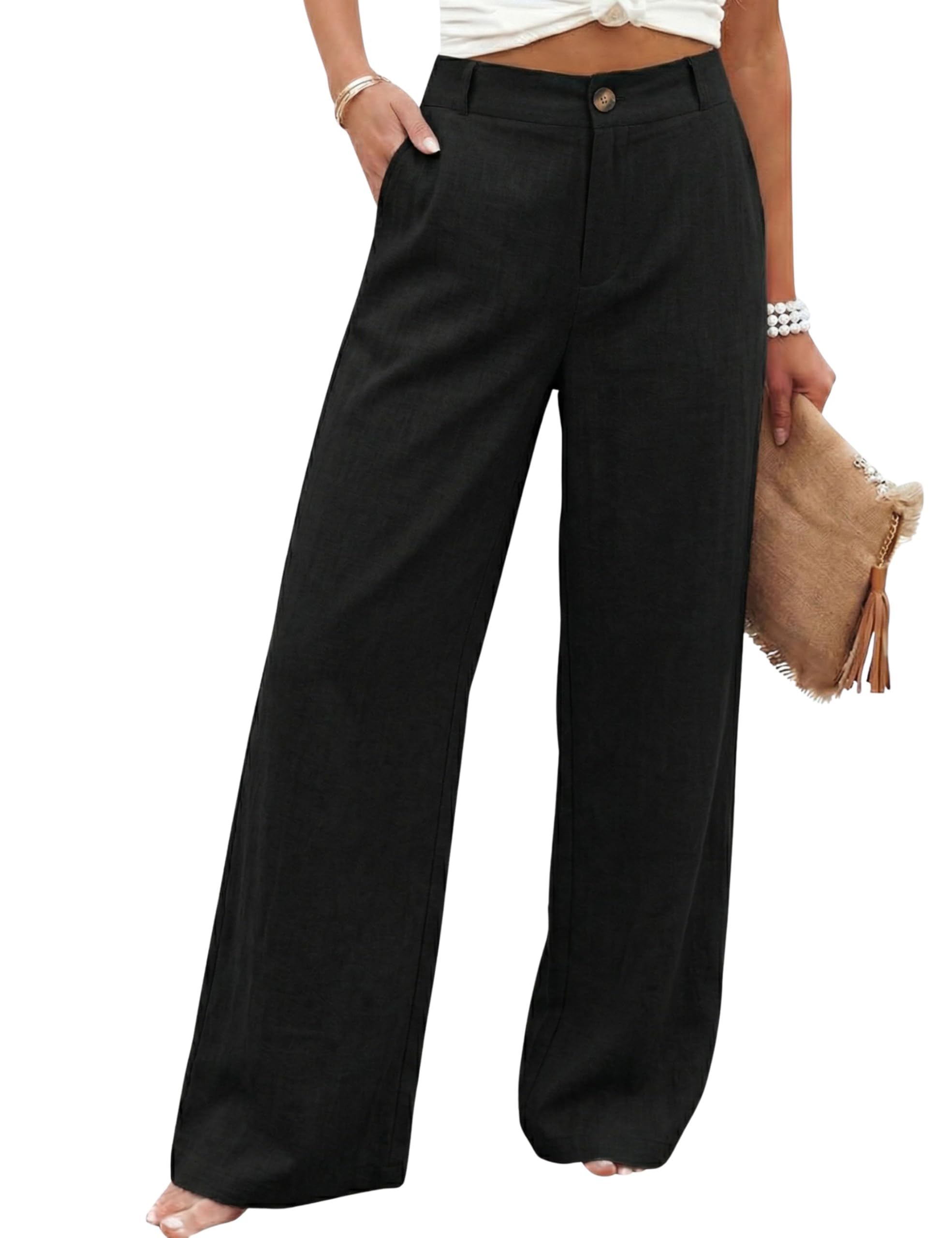 Women's Cotton Linen Casual Button Up Wide Leg Pants