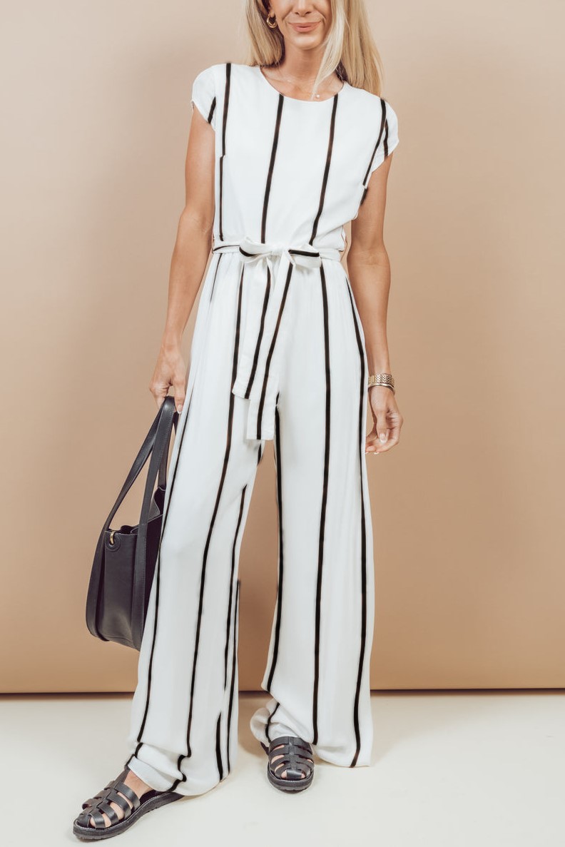 Short Capped Sleeve Striped Lace-up Jumpsuit