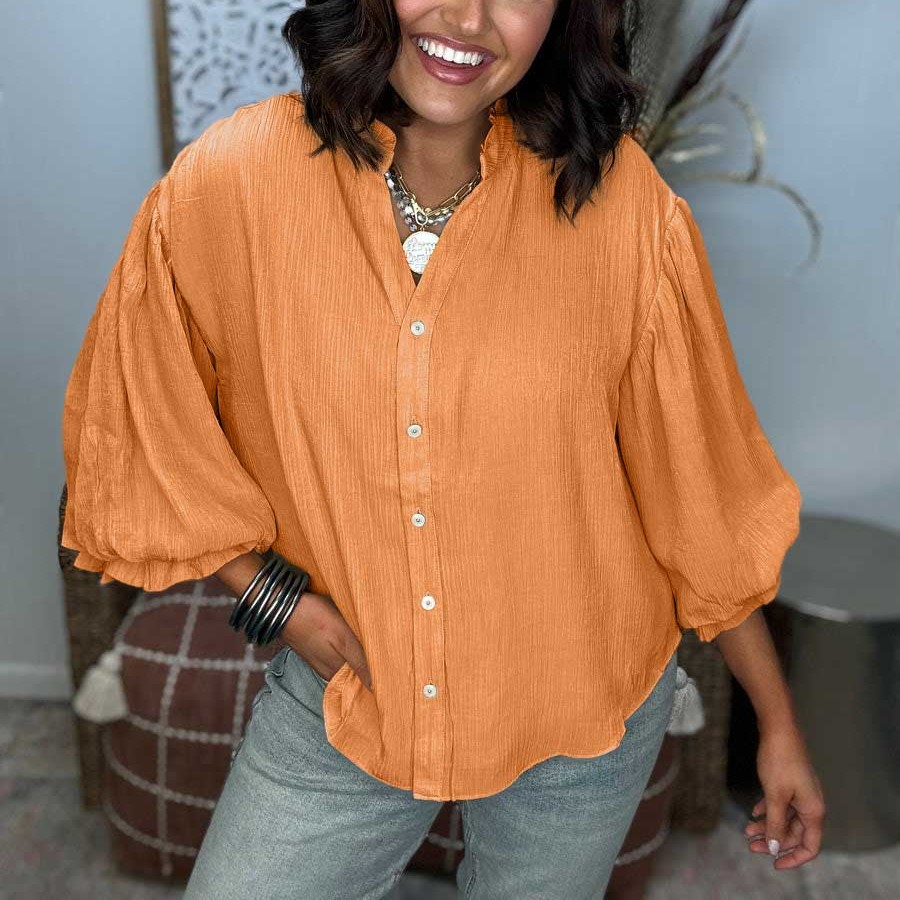 Puff Sleeve Woven Button Down Shirt