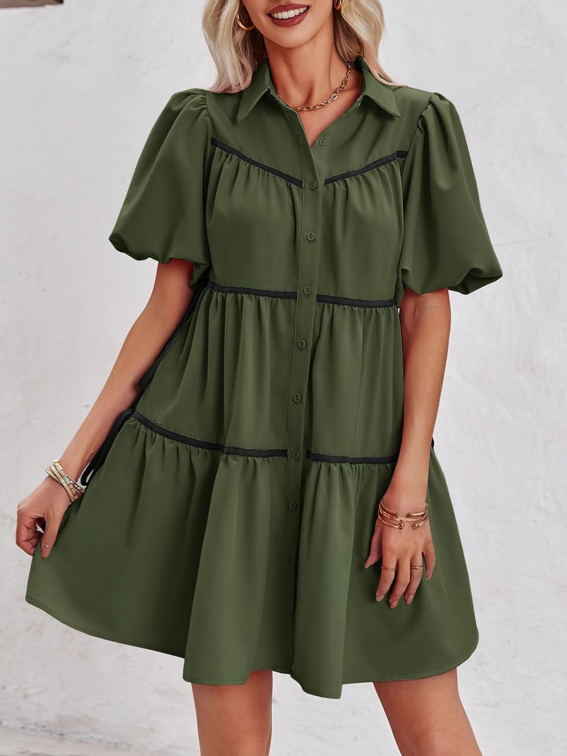 🔥Summer Contrasting Puff Short Sleeve Tiered Mini Dress (Buy 2 Free Shipping)