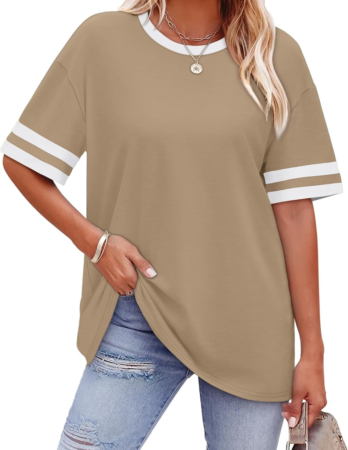 Women's Oversized Crew Neck Colorblock Striped Sleeve T-shirt