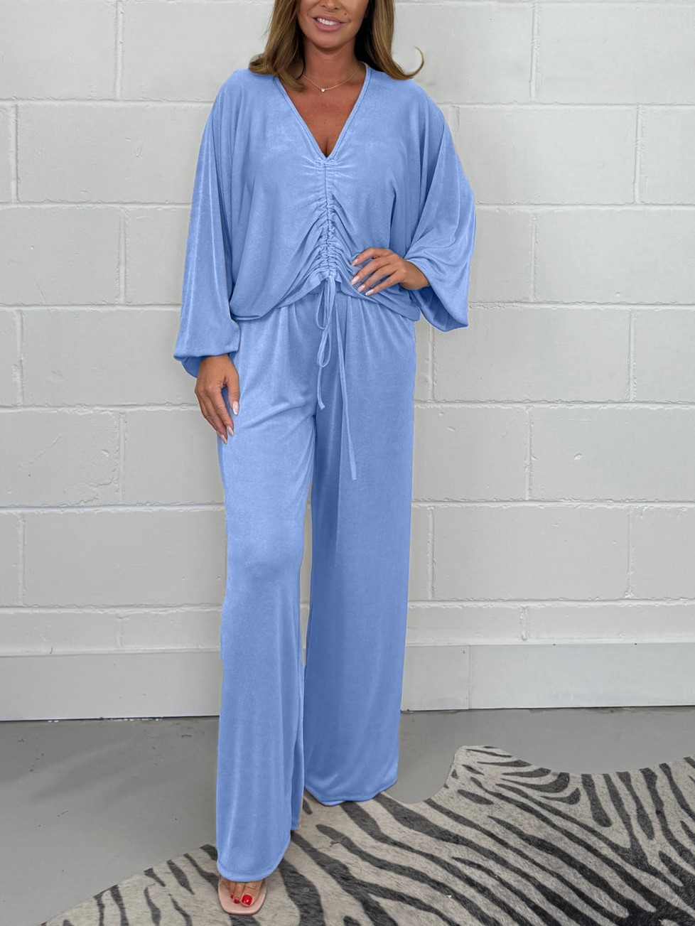 Ruched Drawsting Top & Wide Leg Pants Lounge Set