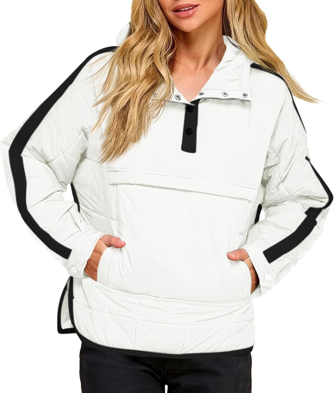 Women's Puffer Quilted Color Block Puffy Pocket Hoodie Jacket