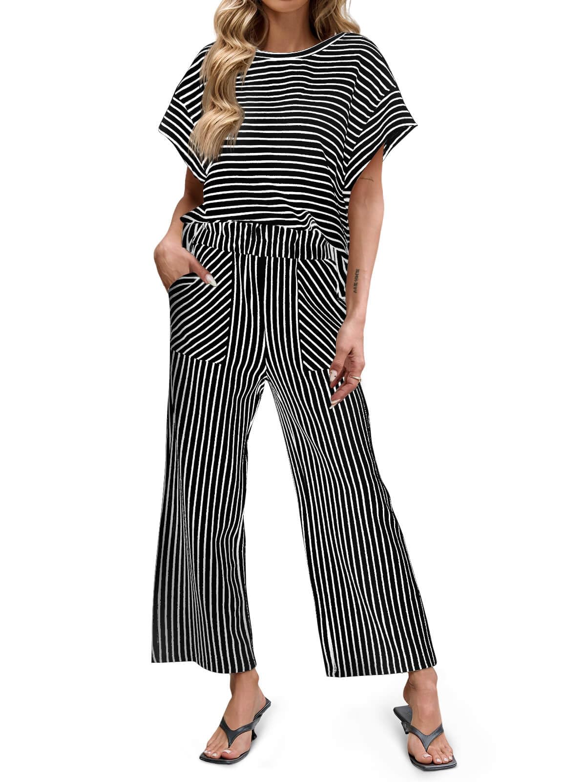 Women's Striped Short Sleeve Wide Leg Pants 2 Piece Sets with Pockets