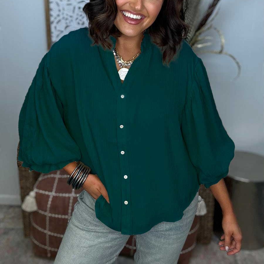Puff Sleeve Woven Button Down Shirt
