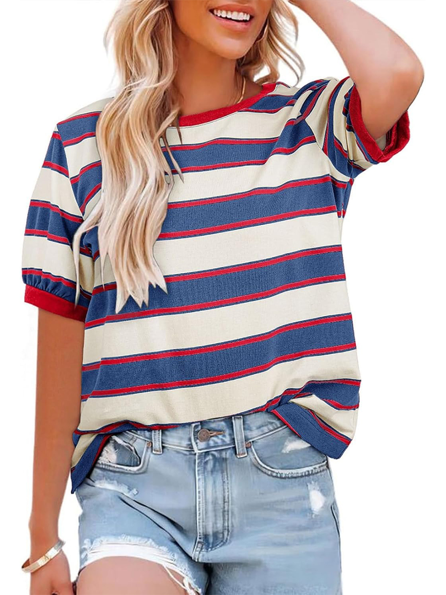HOT SALE Women's Striped Color Block Short Sleeve T-Shirts Casual Loose Basic Tee
