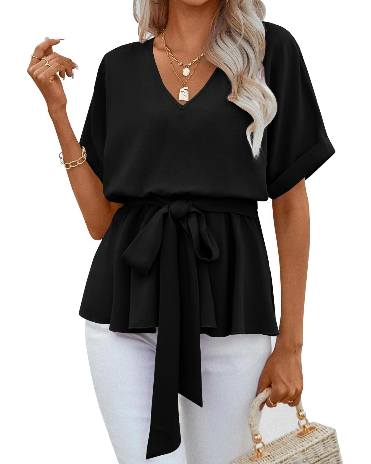 Women's V Neck Belted Ruffle Short Sleeve Blouse Casual T-Shirts