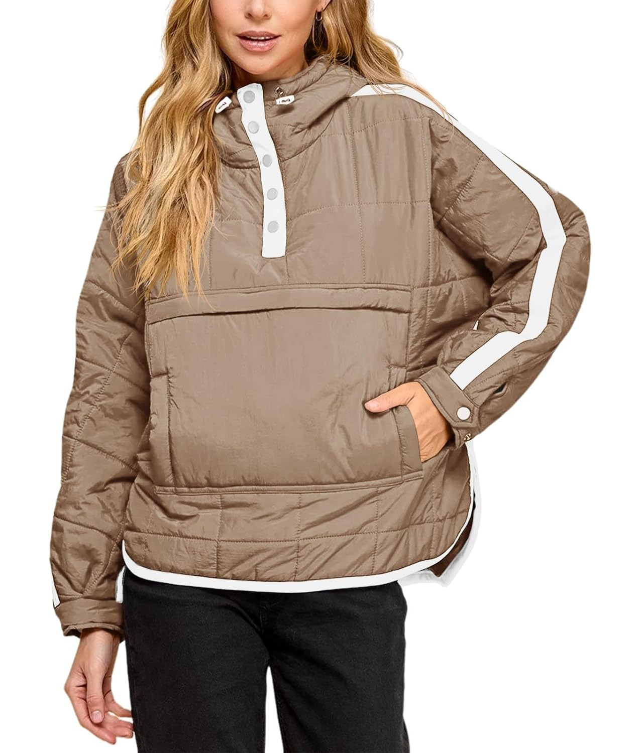 Women's Puffer Quilted Color Block Puffy Pocket Hoodie Jacket
