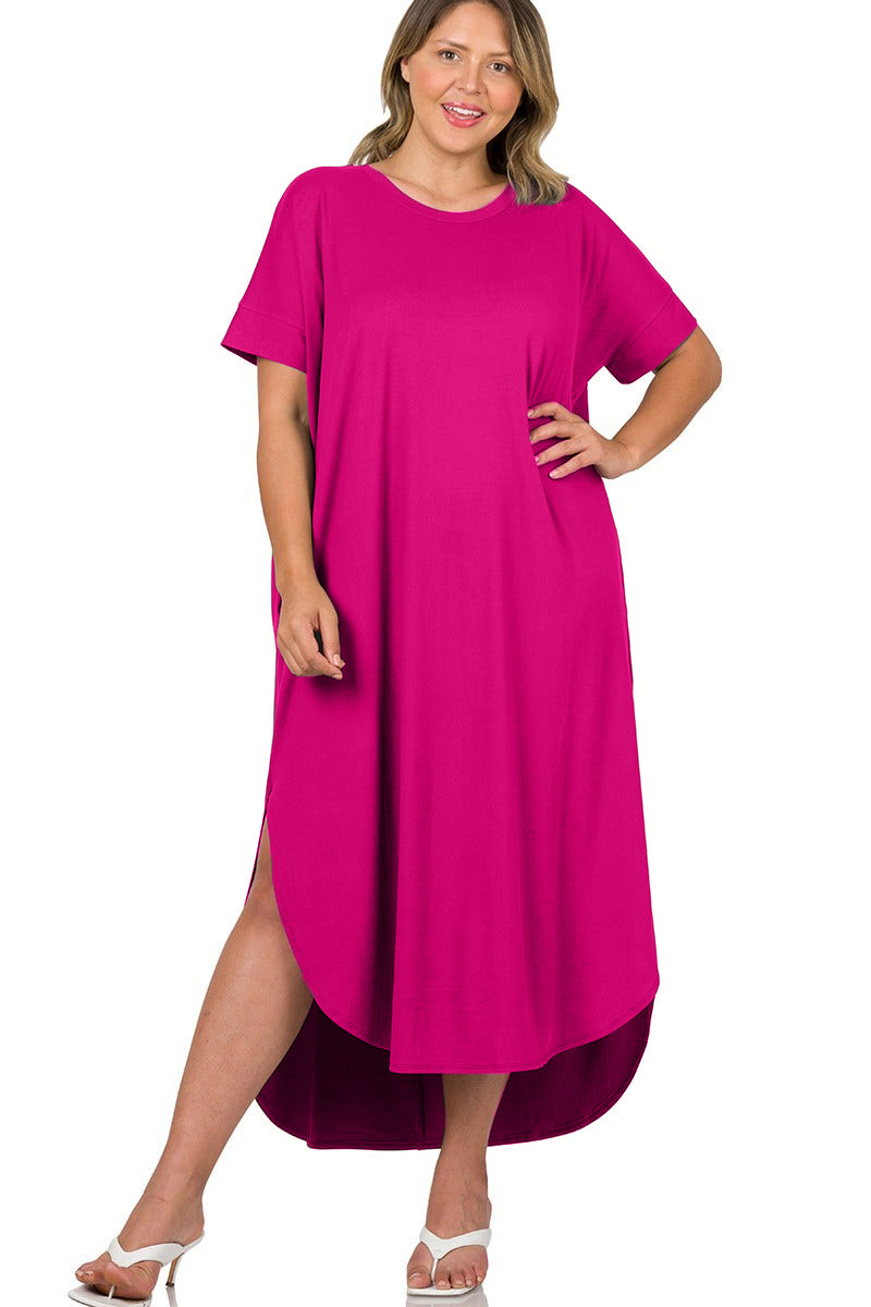 HOT SALE Round Neck Short Sleeve Side Slits Maxi Dress (Buy 2 Free Shipping)