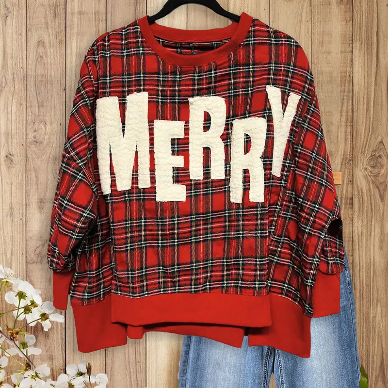 "Merry"  Fuzzy Letter Patches Christmas Plaid Sweatshirt