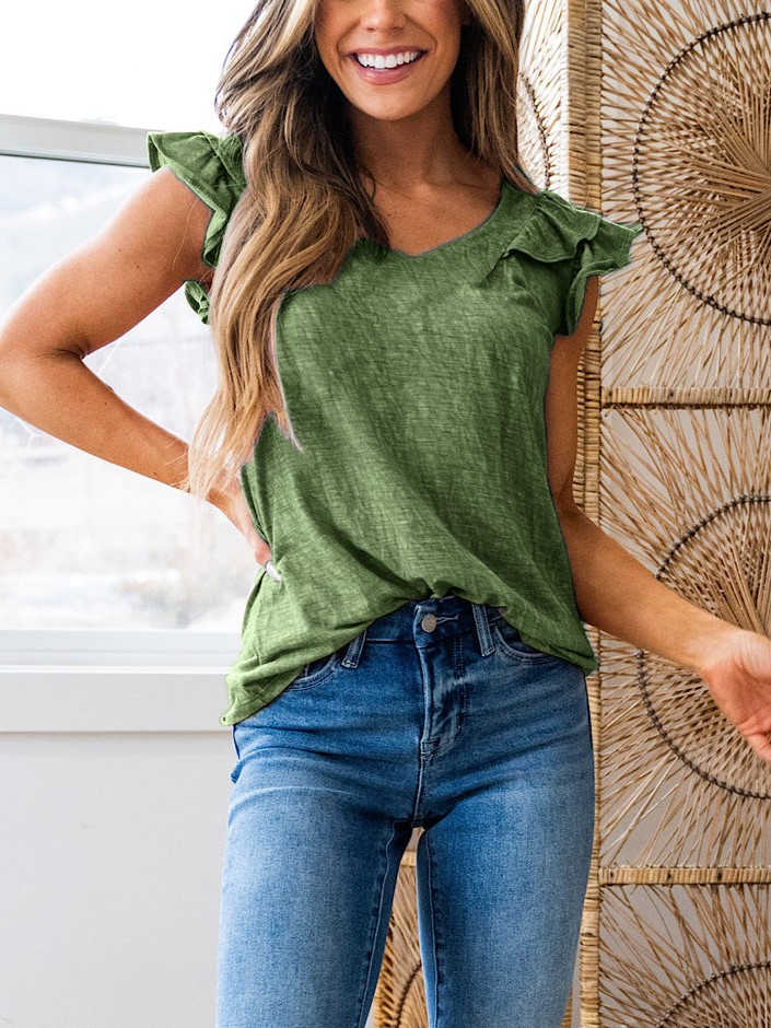 HOT SALE V Neck Flutter Ruffle Smocked Sleeve Top