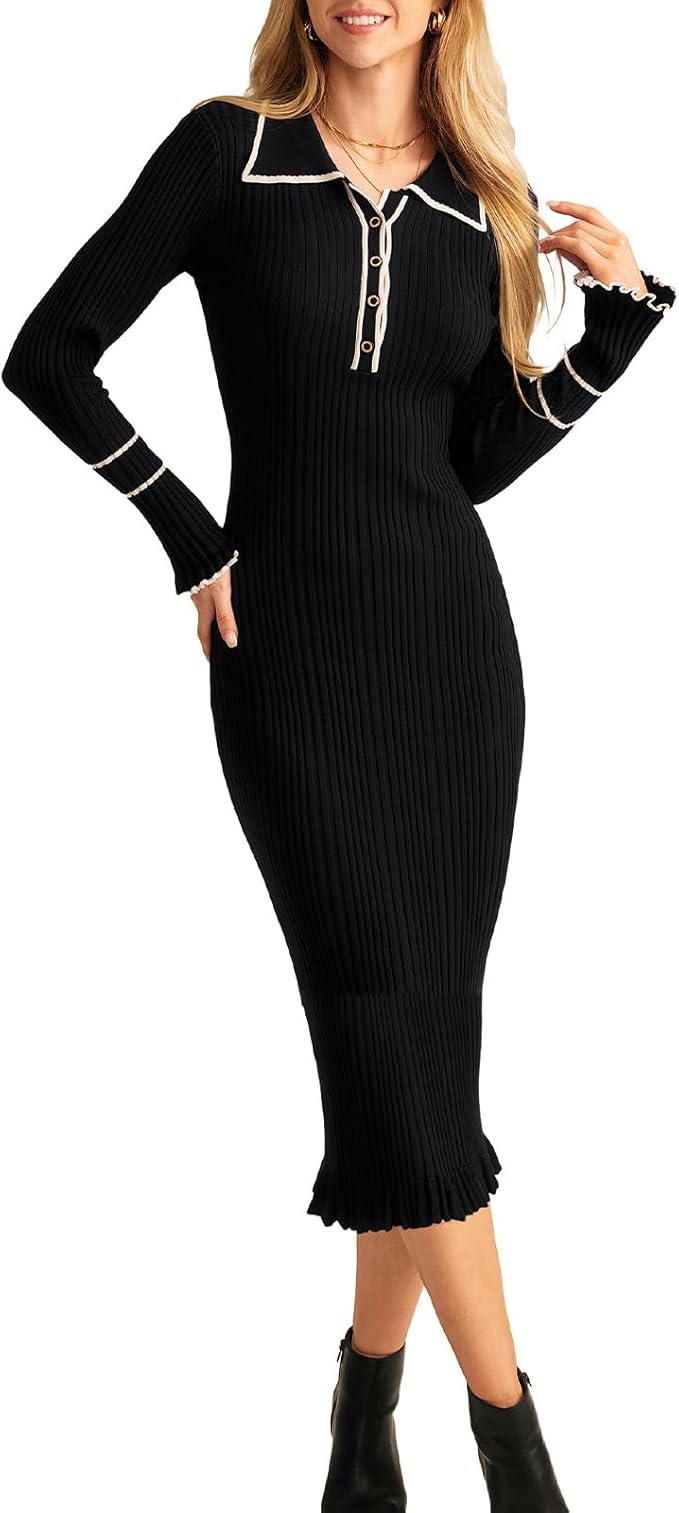 Women's Contrast Color Button Knit Fitted Long Sleeve Sweater Dress
