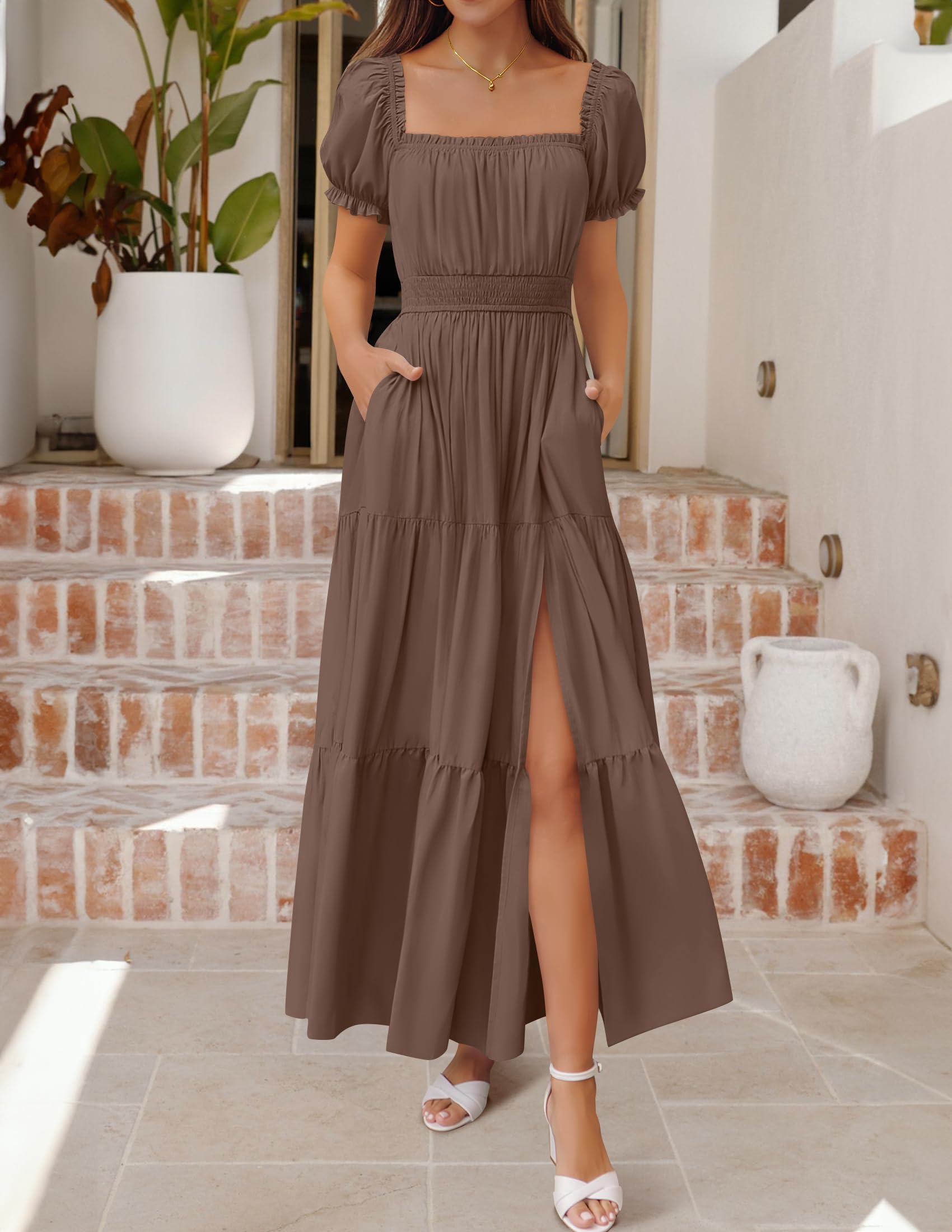 Women's Boho Sexy Off Shoulder Short Sleeve Smocked Flowy Dress