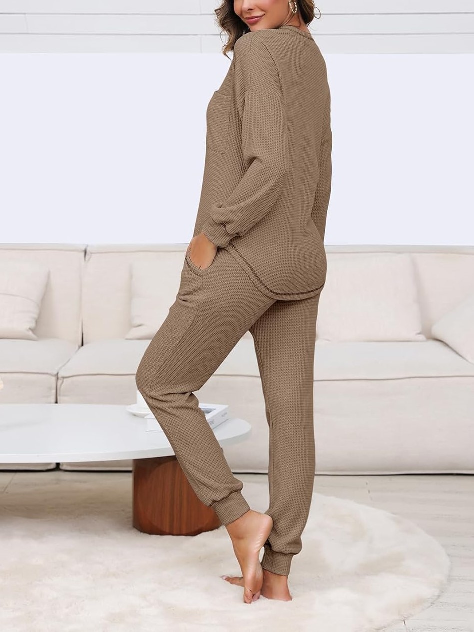 Women's V Neck Waffle Knit Sleepwear Top and Pant Lounge Sets