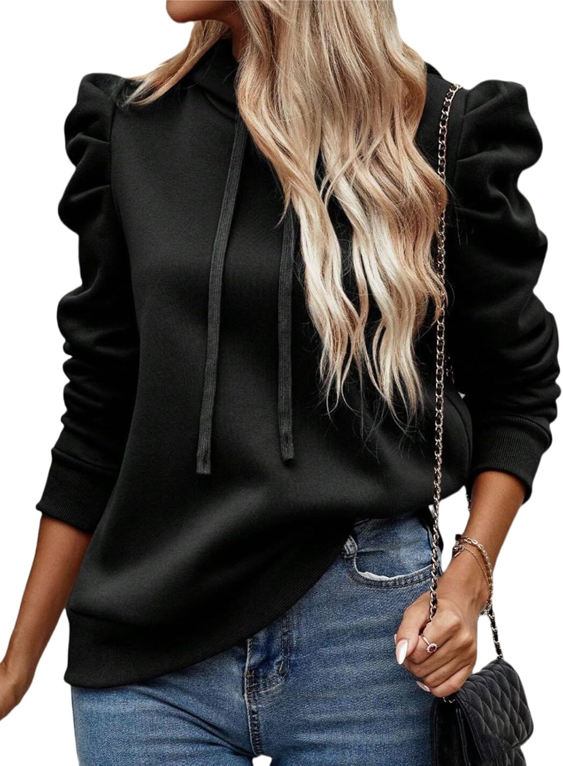 Women's Puff Sleeve Drawstring Casual Hoodie