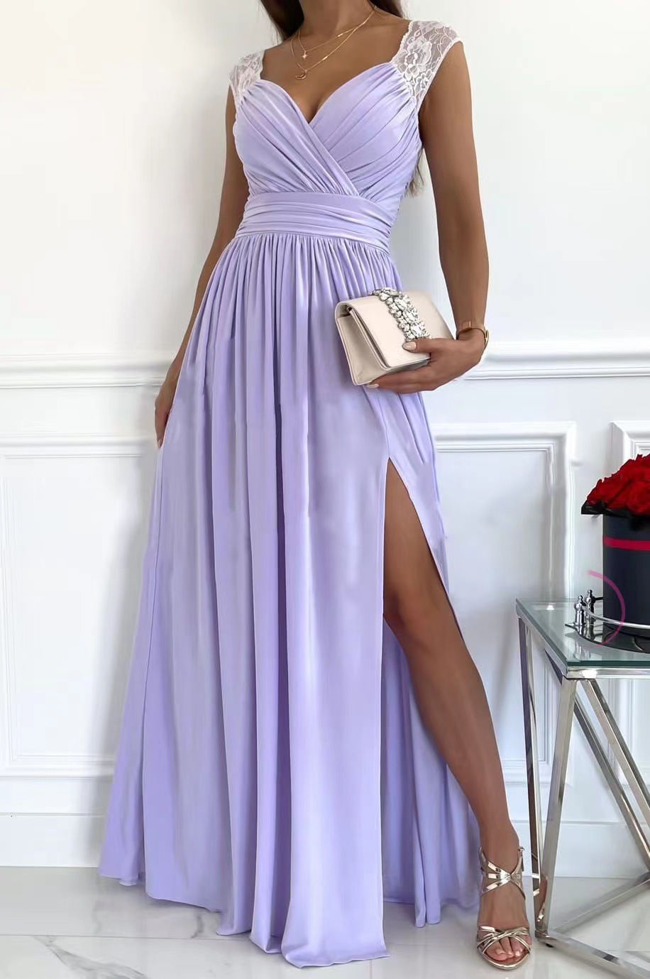 Women's Wrap V-Neck Lace Strap Ruched Sexy Maxi Dress