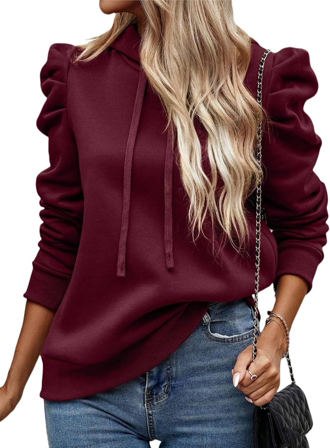 Women's Puff Sleeve Drawstring Casual Hoodie