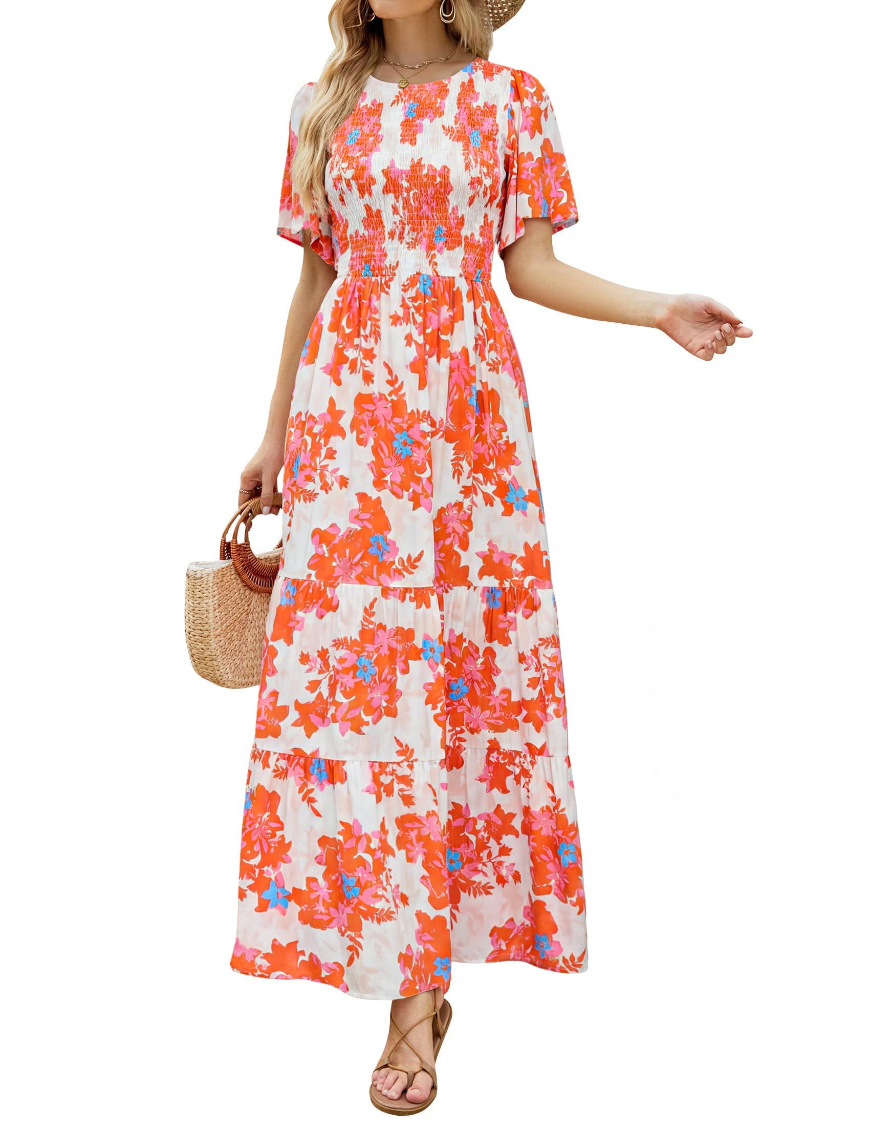 Women's Casual Floral Print Short Flutter Sleeve Smocked High Waist Flowy Maxi Dress