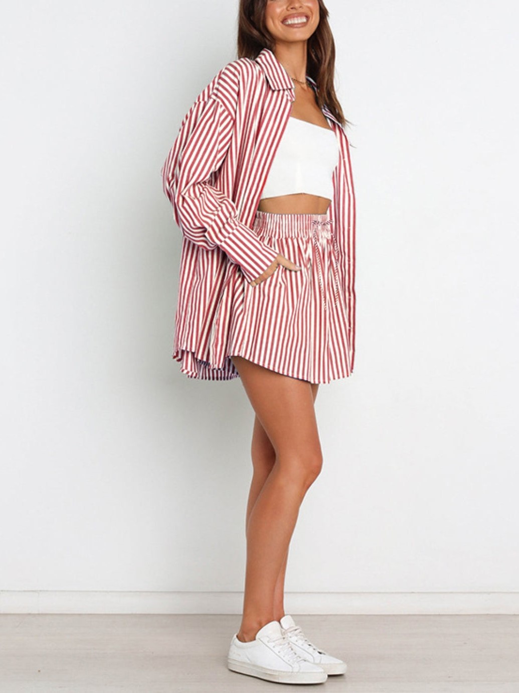 HOT SALE Striped Dropped Shoulder Shirt and Shorts Set