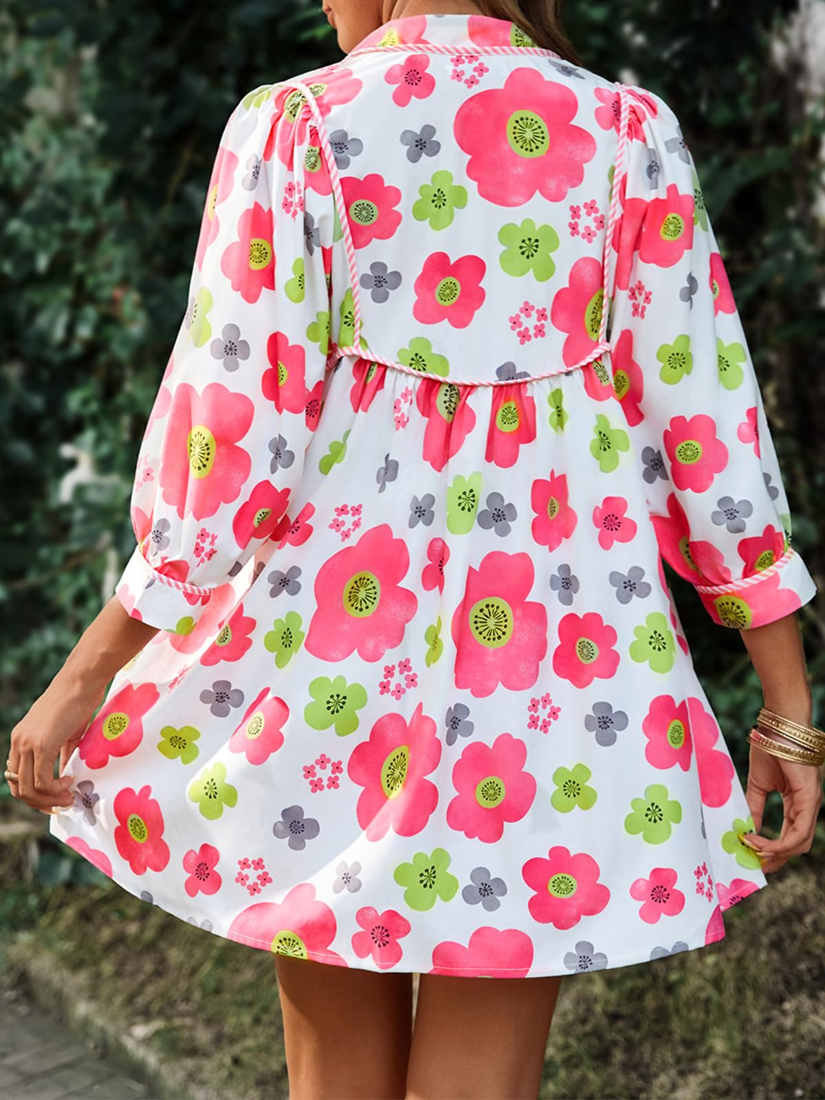 Women's Floral 3/4 Balloon Sleeve V Neck Flowy Babydoll Dress