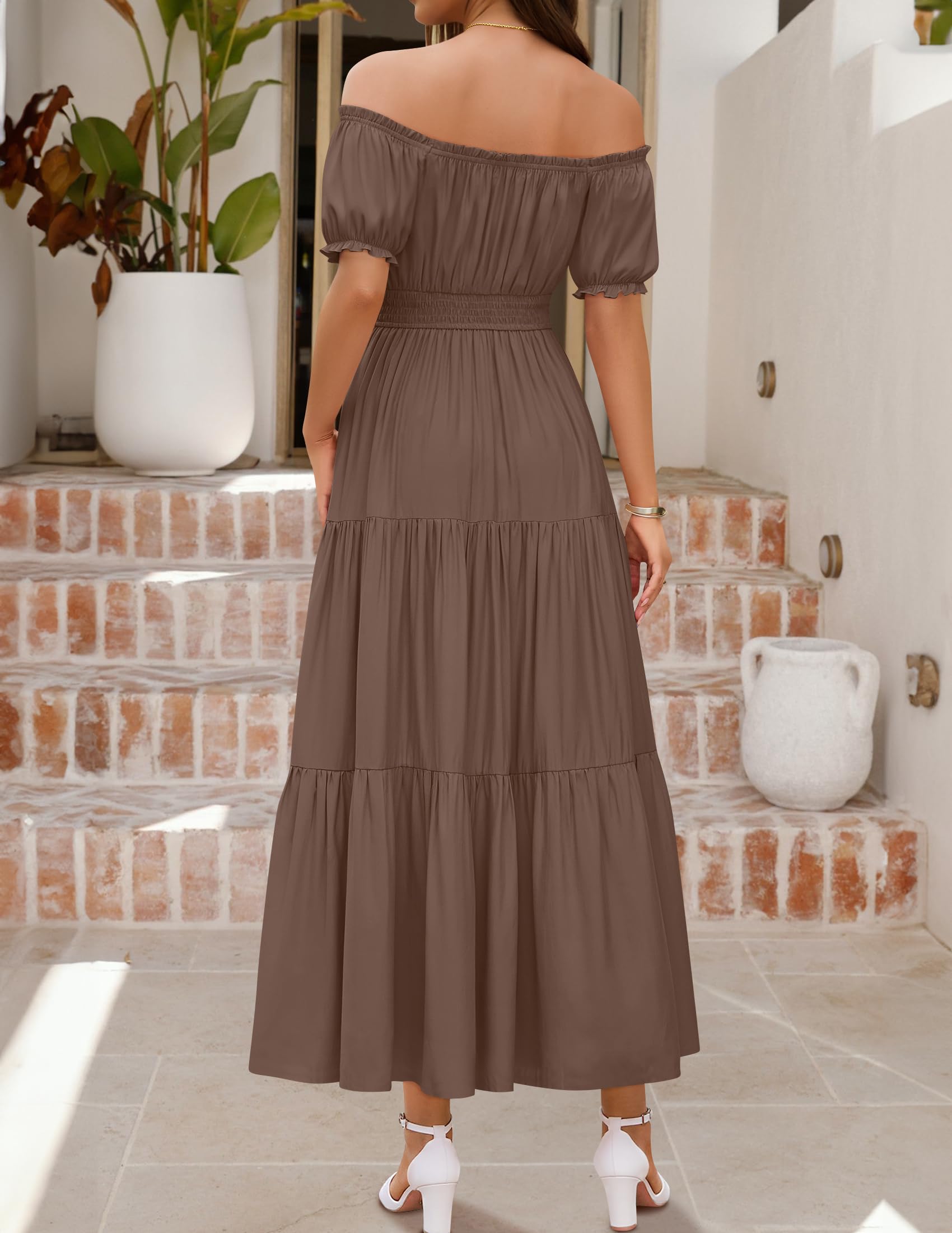 Women's Boho Sexy Off Shoulder Short Sleeve Smocked Flowy Dress