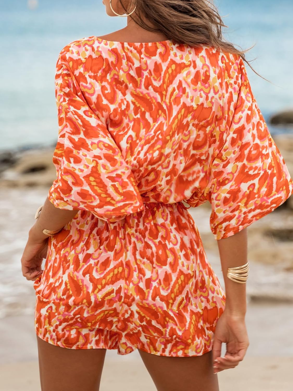 Women's Lace Up Leopard Print Romper Short Sleeves Jumpsuits