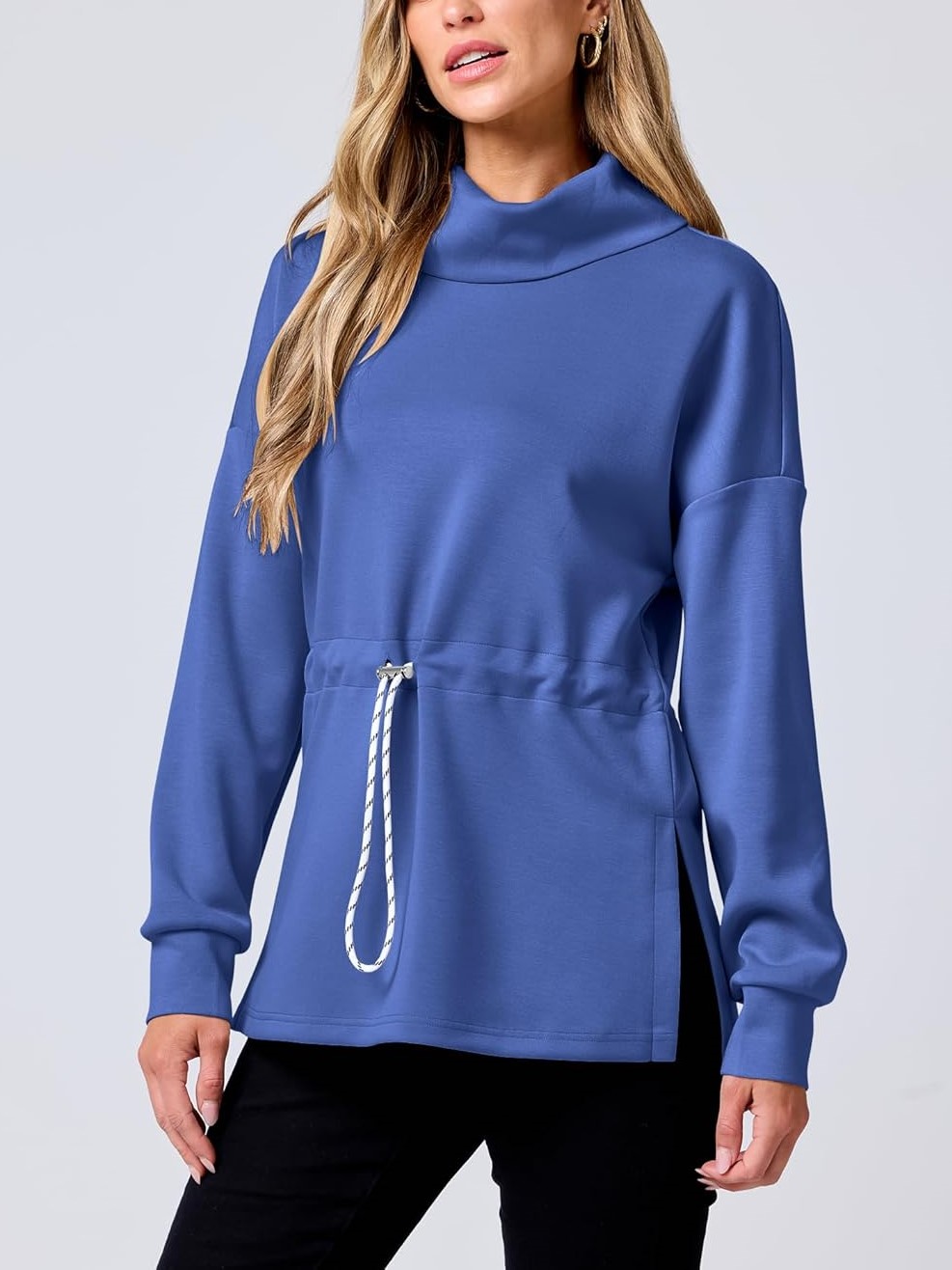 Women's Long Sleeve Turtleneck Drawstring Waist Hoodie Sweatshirts