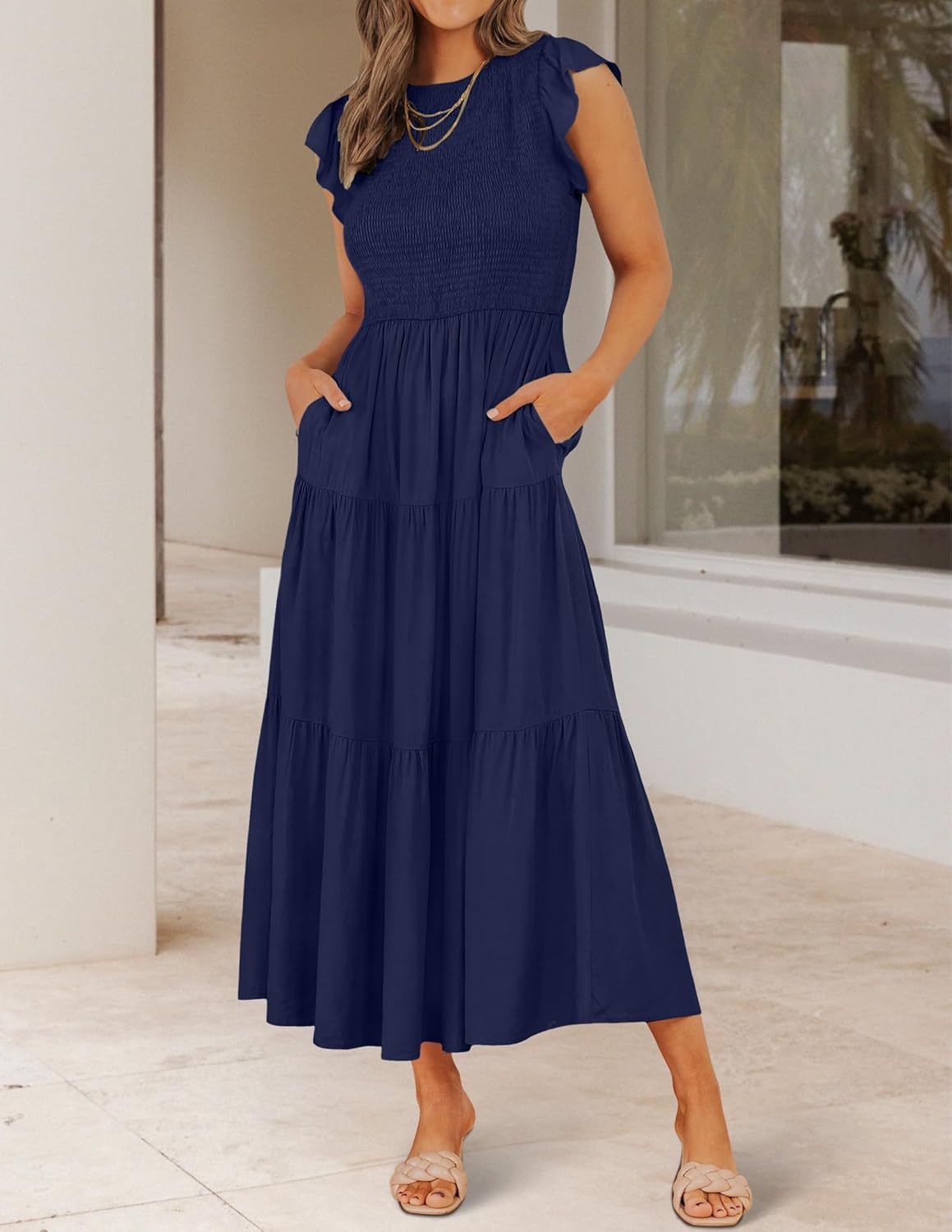 HOT SALE Women's Flutter Short Sleeve Crew Neck Smocked Elastic Waist Tiered Midi Dress
