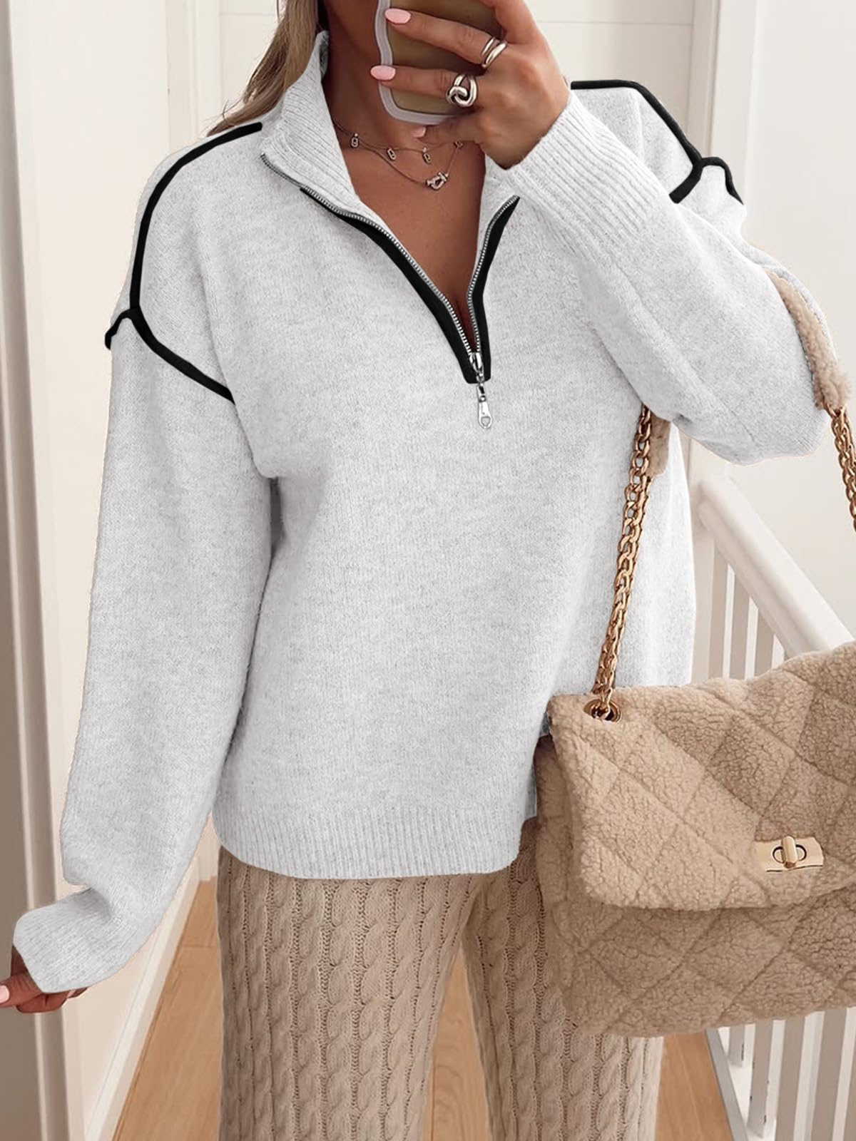 Women's Casual Color Block V Neck Quarter Zip Pullover Sweaters