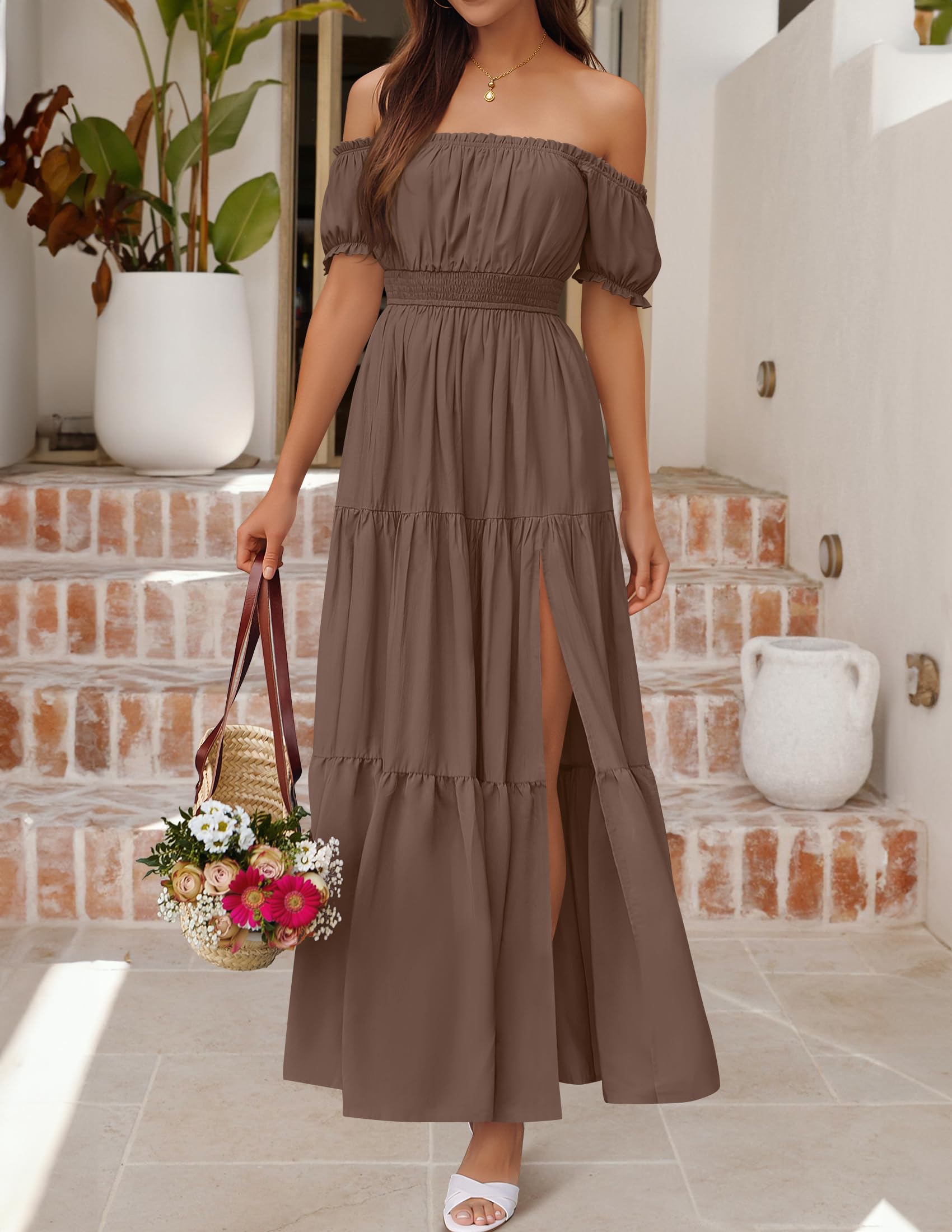 Women's Boho Sexy Off Shoulder Short Sleeve Smocked Flowy Dress