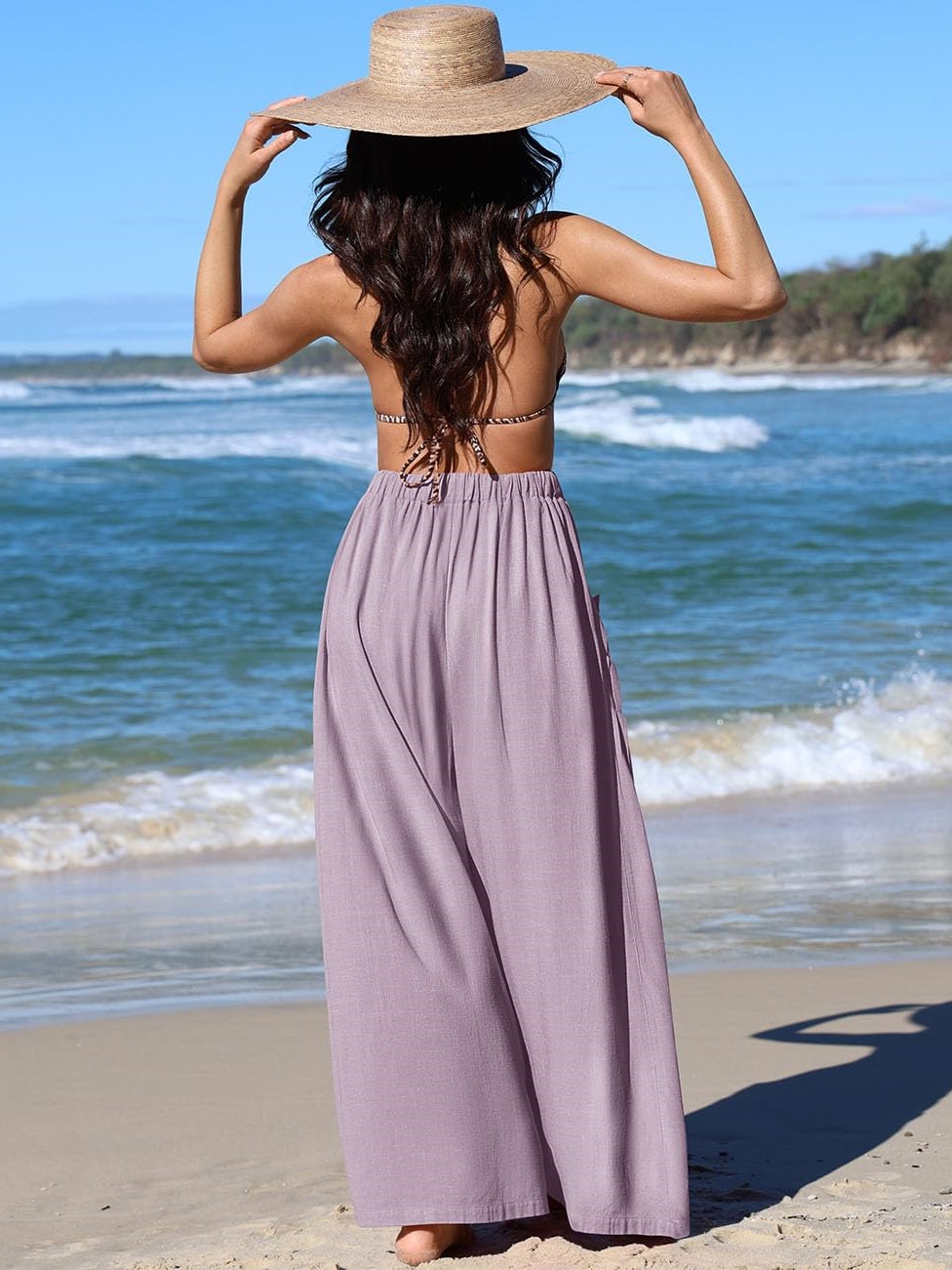 Women's Linen Pleated Drawstring Casual Palazzo Pants