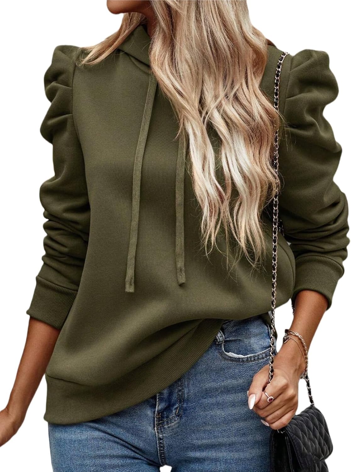 Women's Puff Sleeve Drawstring Casual Hoodie