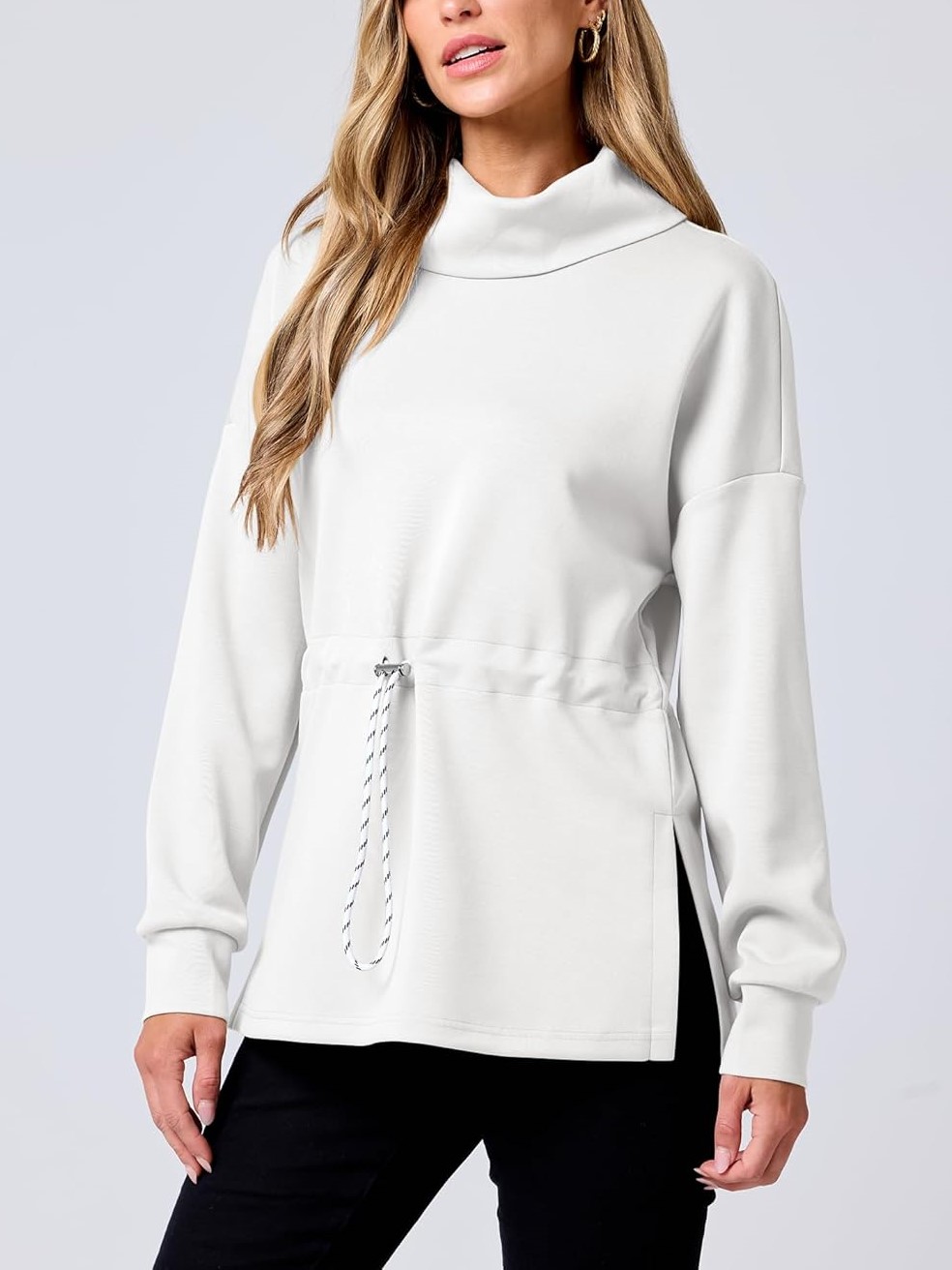 Women's Long Sleeve Turtleneck Drawstring Waist Hoodie Sweatshirts