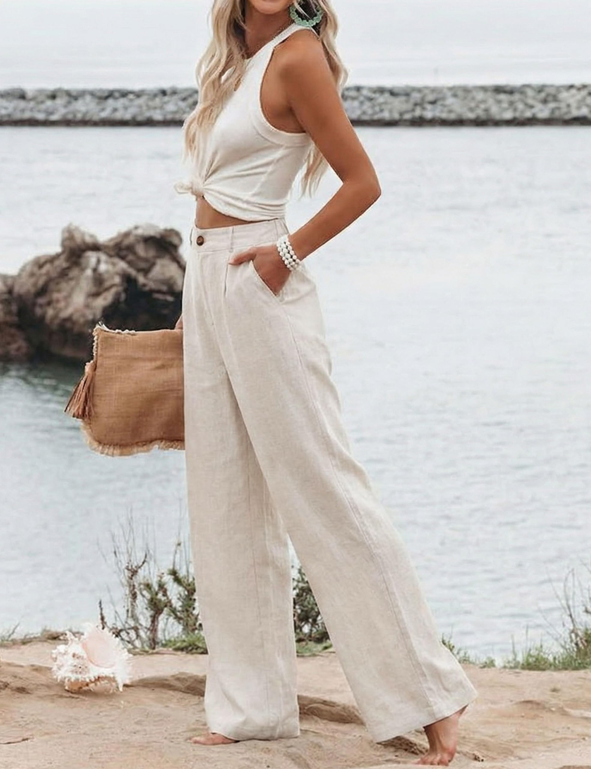 Women's Cotton Linen Casual Button Up Wide Leg Pants