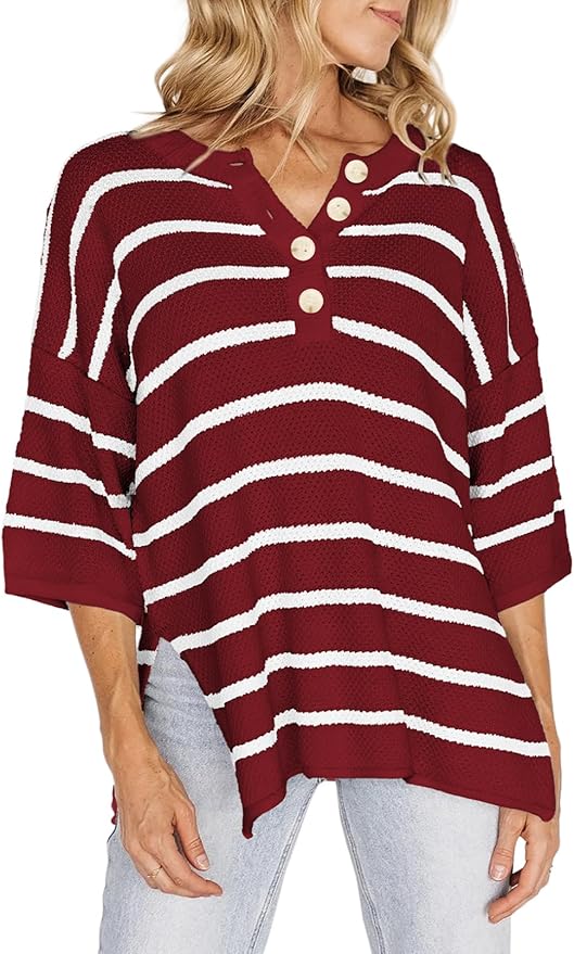 Women's Striped Button Down V Neck 3/4 Sleeve Lightweight Knit Pullover