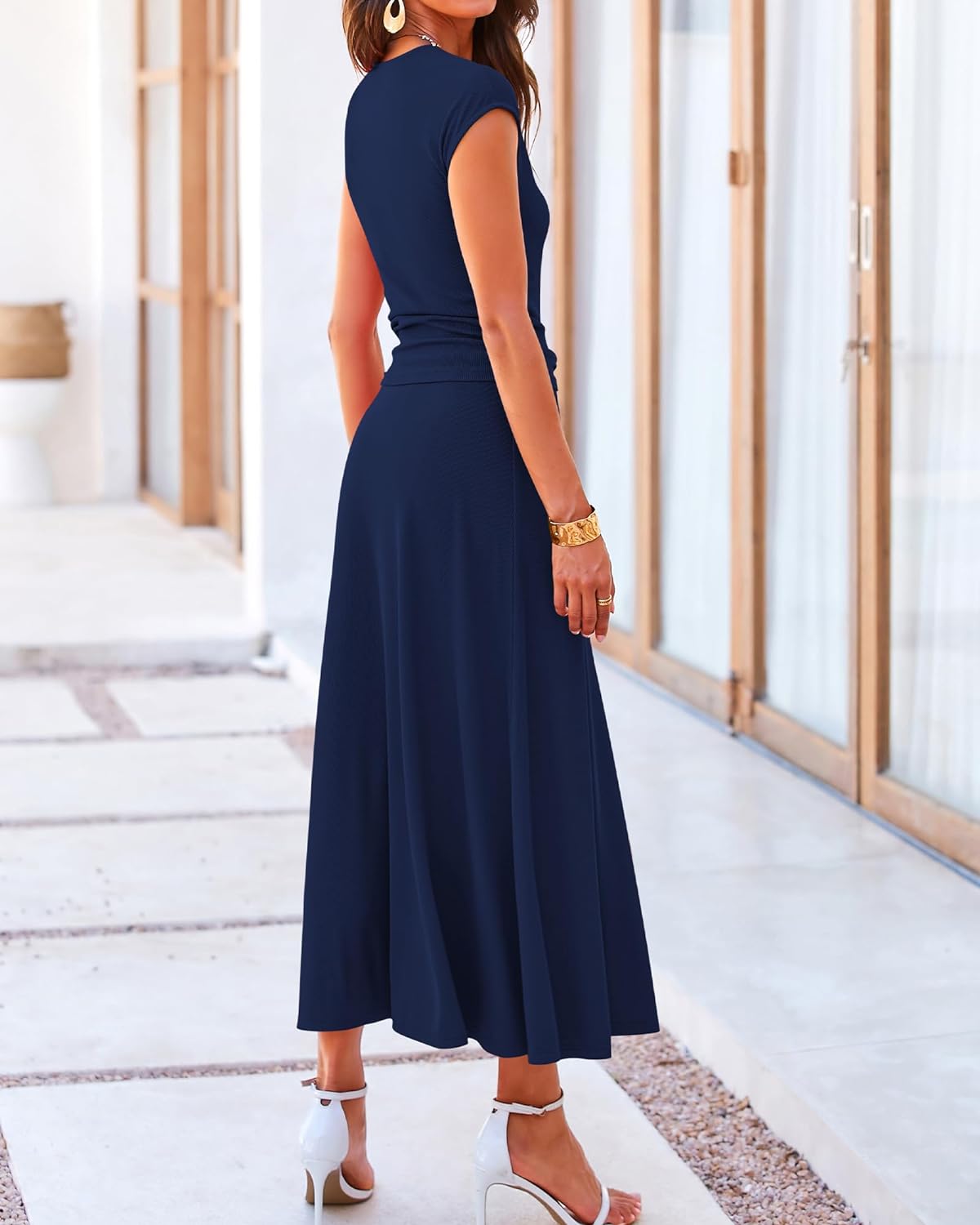 Casual Cropped Top Elastic Waist Swing Midi Skirts Set