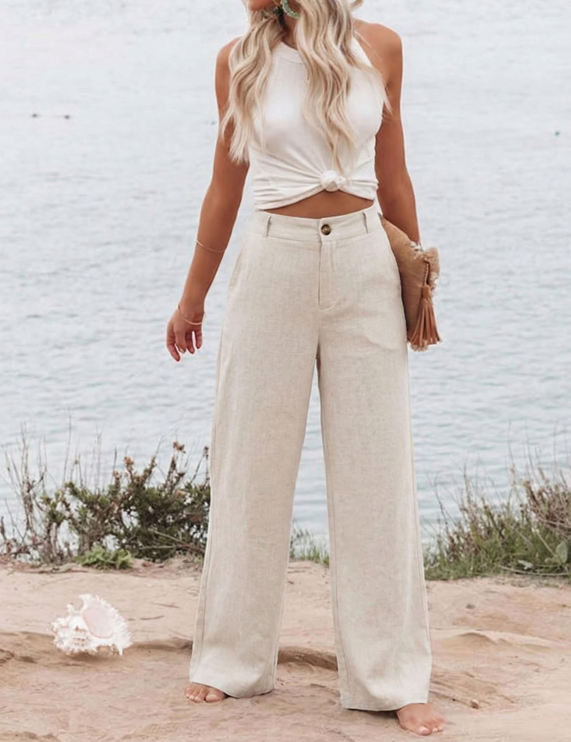 Women's Cotton Linen Casual Button Up Wide Leg Pants