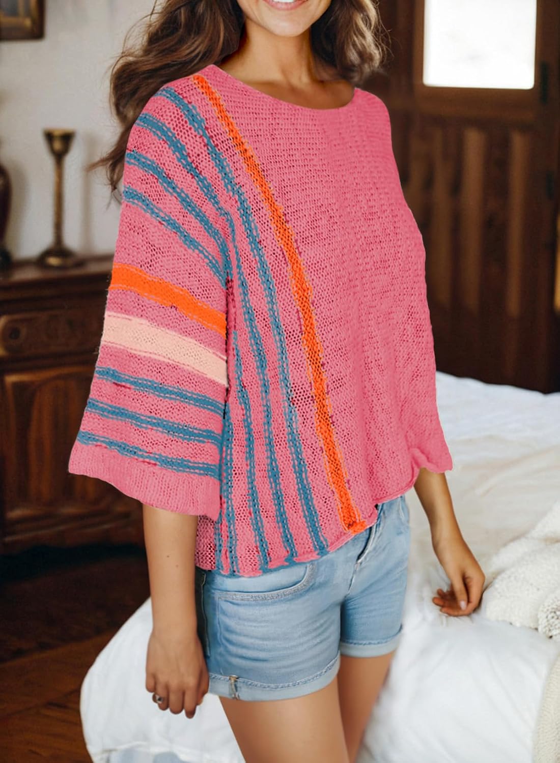 Women's Casual Color Block Striped Cable Knit Boho Sweater