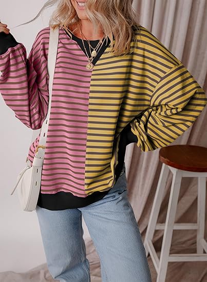 Womens Oversized Sweatshirts Striped Color Block Crewneck Sweatshirt