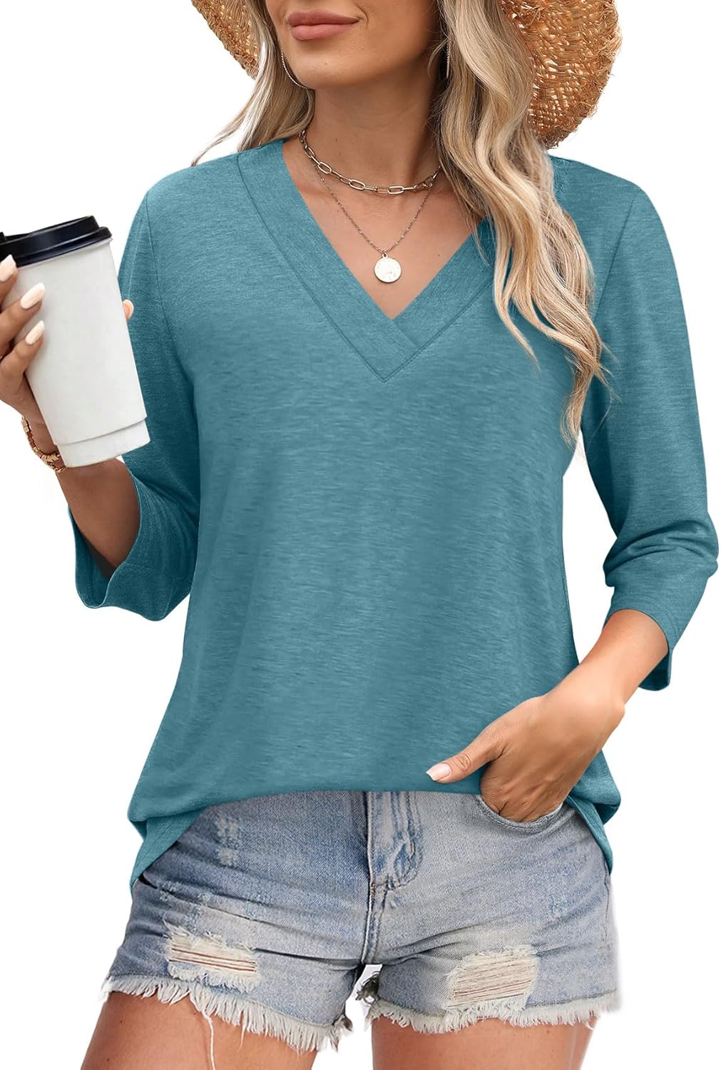 Women's V Neck 3/4 Long Sleeve Tops Loose Fit Blouse
