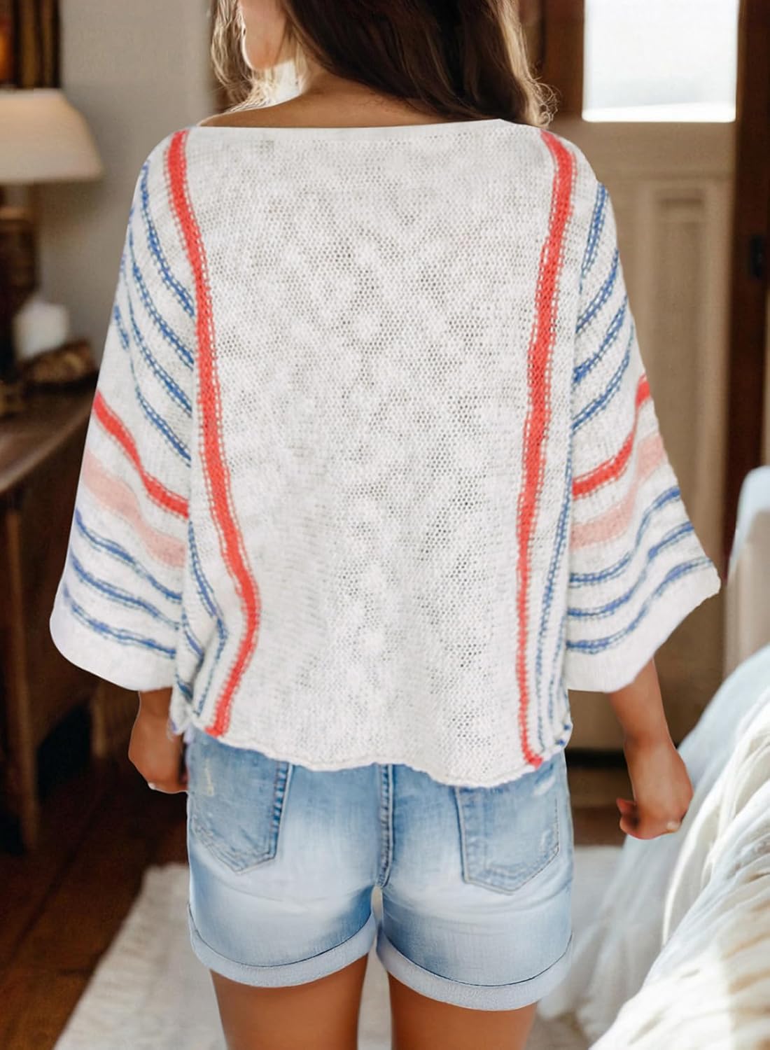 Women's Casual Color Block Striped Cable Knit Boho Sweater