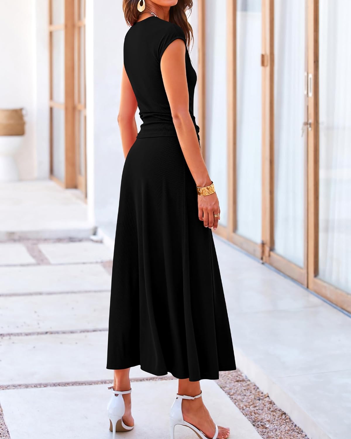 Casual Cropped Top Elastic Waist Swing Midi Skirts Set