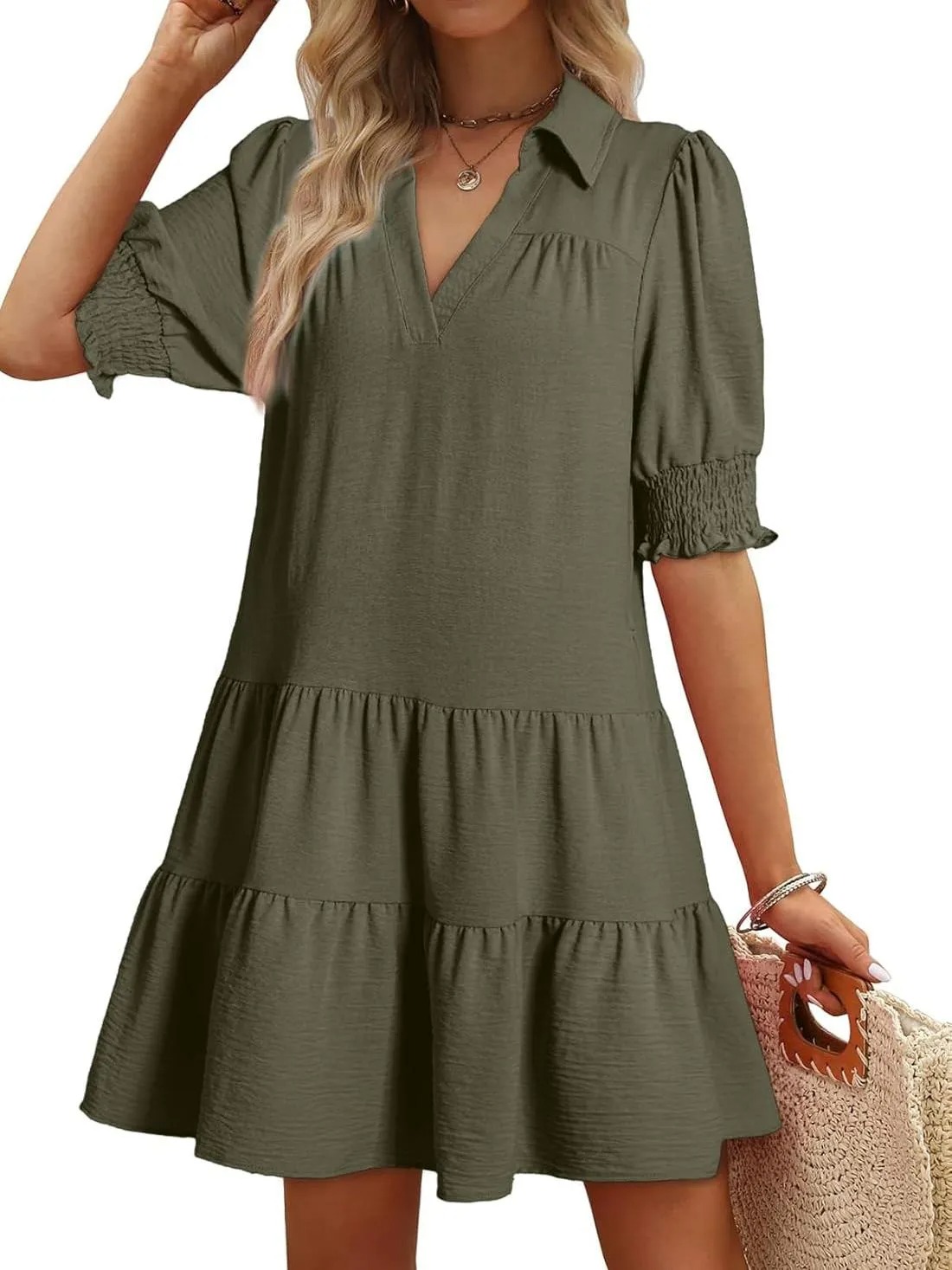 HOT SALE Women's Smocked Sleeve Tiered V-Neck Mini Dress (Buy 2 Free Shipping)