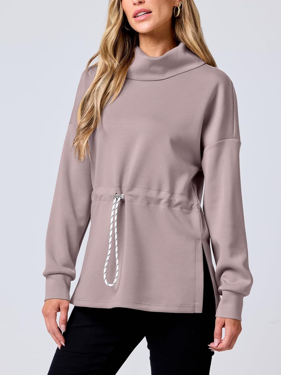 Women's Long Sleeve Turtleneck Drawstring Waist Hoodie Sweatshirts