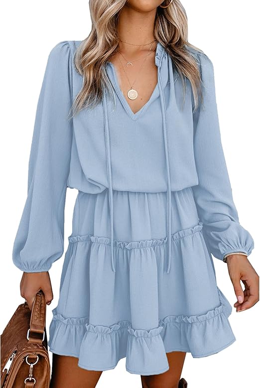 Women's Tie Neck High Waist Layered Ruffle Waist Mini Dress(BUY 2 FREE SHIPPING)