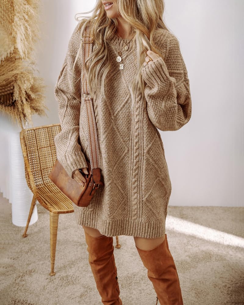 Women's Casual Loose Cable Knit Drop Shoulder Sweater Dress