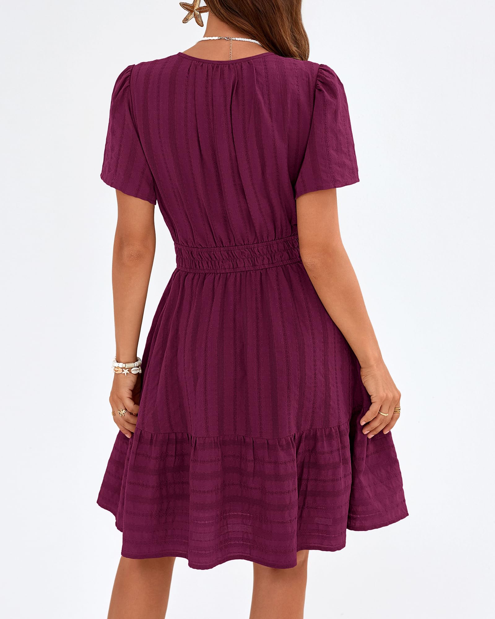 Women's Lightweight Short Sleeve V Neck Elastic Waist Mini Dress