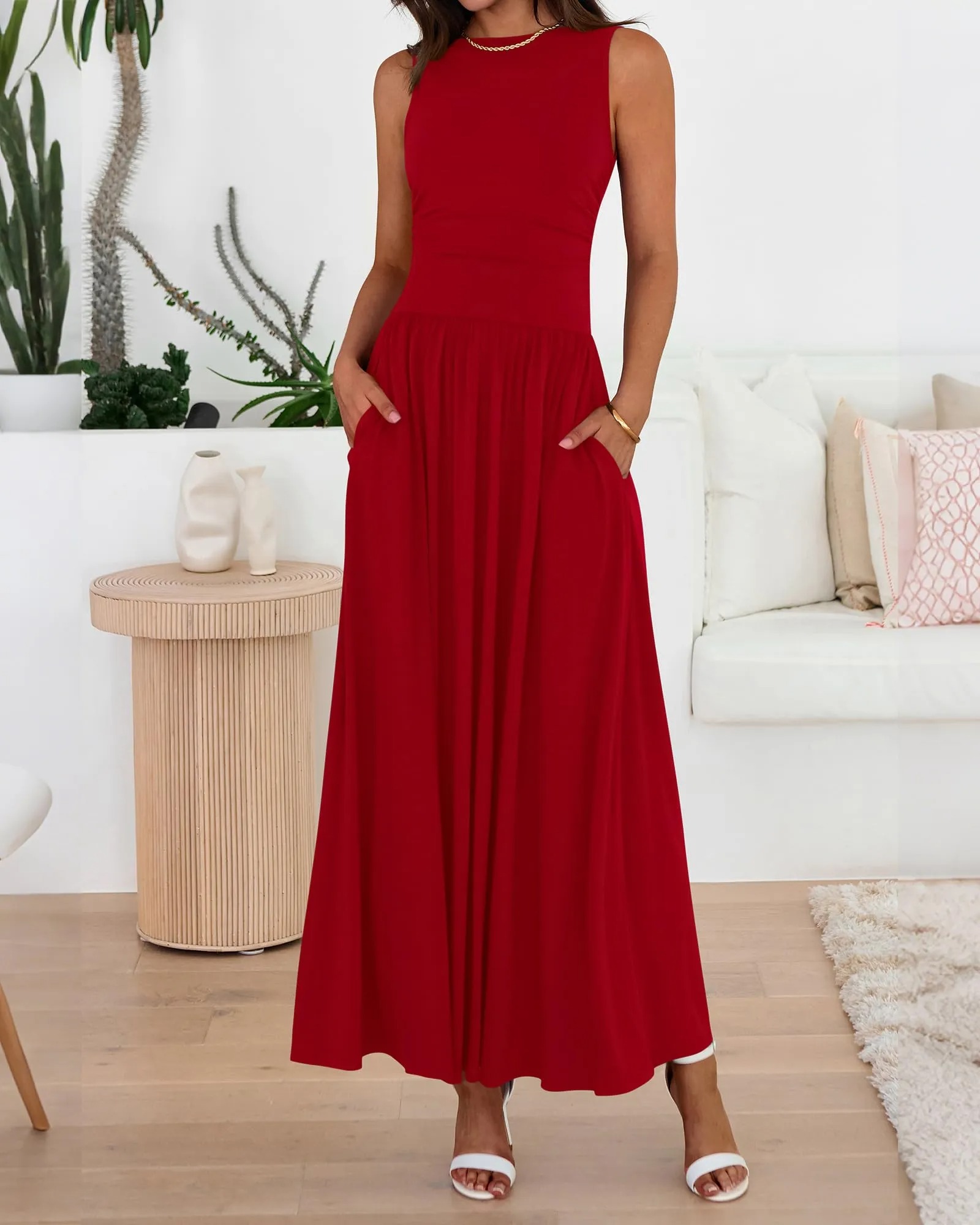 HOT SALE Women's Sleeveless Ruched High Waisted Tank Long Sundress Flowy Beach Dress