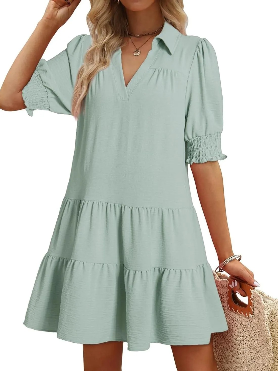 HOT SALE Women's Smocked Sleeve Tiered V-Neck Mini Dress (Buy 2 Free Shipping)