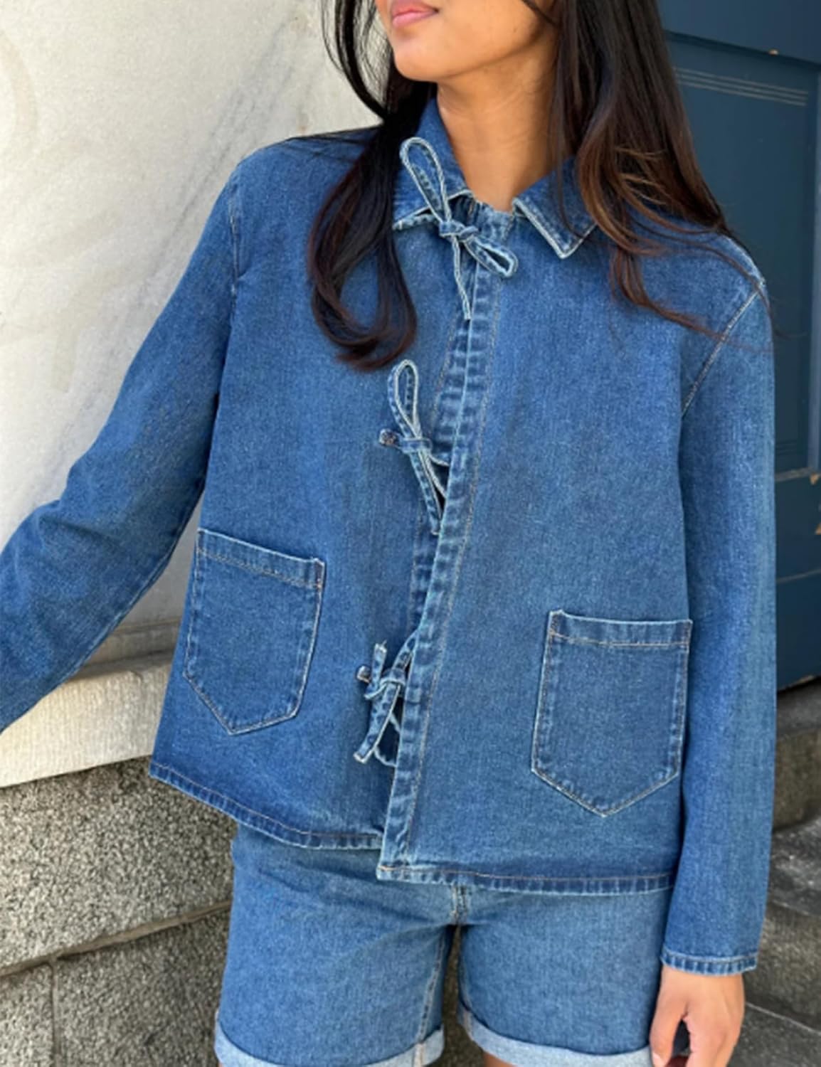 Women's Tie Bow Closure Loose Denim Jacket with Pockets